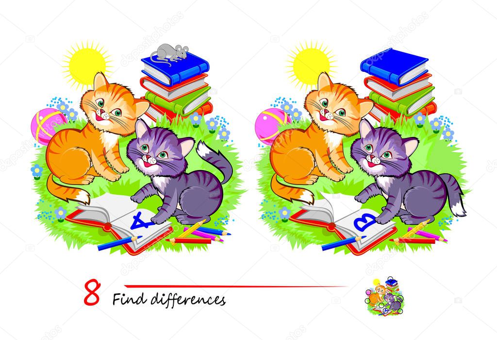 Find 8 differences. Illustration of cute kittens learning. Logic puzzle game for children and adults. Page for kids brain teaser book. Developing counting skills. IQ test. Play online. Vector image.