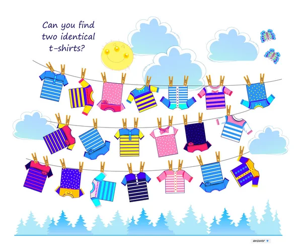 Çocuklar ve yetişkinler için mantıksal bulmaca oyunu. Birbirinin aynı iki tişört bulabilir misin? Çocuk zeka kitabı için çağrı. Dikkatlilik için görev. Deniz hayatı. IQ testi. İnternette oyna. Vektör çizgi film illüstrasyonu.