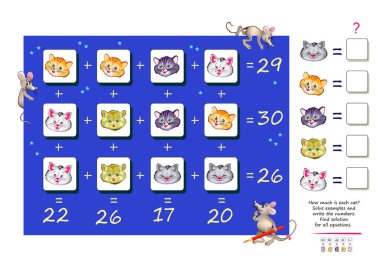 Zekiler için matematiksel mantık bulmacası oyunu. Her kedi ne kadar? Örnekler çöz ve sayıları yaz. Tüm denklemler için çözüm bulun. Zeka oyunu kitabı. Say ve oyna. Çevrimiçi eğitim.
