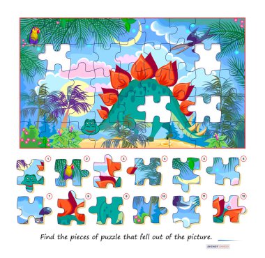 Çocuklar ve yetişkinler için mantık oyunu. Resmin dışına düşmüş yapboz parçalarını bul. Çocuk zeka kitabı için çağrı. Dikkatlilik için görev. Uzaysal düşünce geliştiriyorum. İnternette oyna. Vektör resmi.