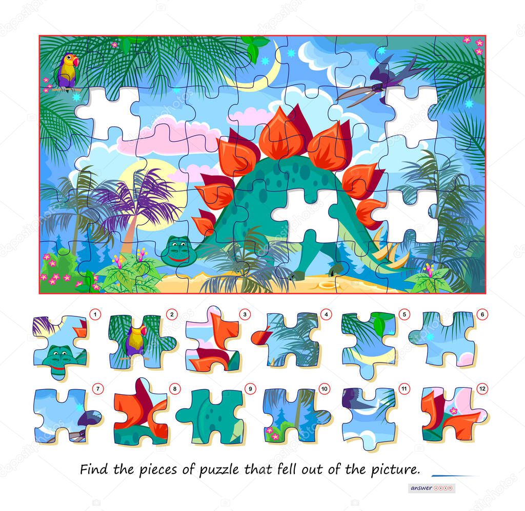 Logic game for children and adults. Find pieces of puzzle that fell out of picture. Page for kids brain teaser book. Task for attentiveness. Developing spatial thinking. Play online. Vector image.