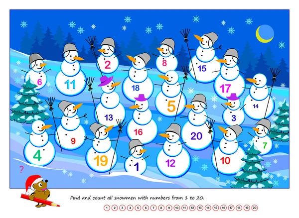 Logická Puzzle Hra Pro Děti Najít Spočítat Všechny Sněhuláky Čísly — Stockový vektor