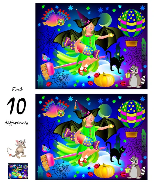 Find 10 differences. Illustration of little girl celebrating Halloween. Logic puzzle game for children and adults. Page for kids brain teaser book. Developing counting skills. IQ test. Play online.