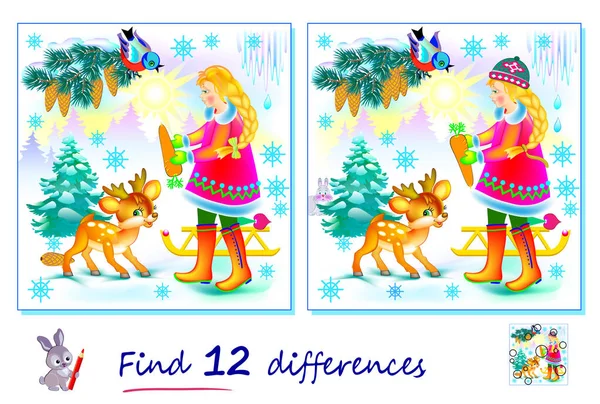 Find 12 differences. Illustration of little girl in winter forest. Logic puzzle game for children and adults. Page for kids brain teaser book. Developing counting skills. IQ test. Play online.