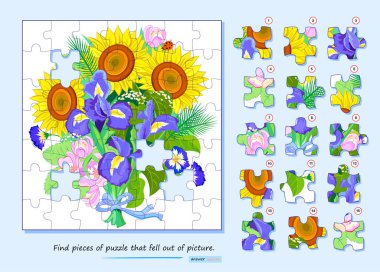 Çocuklar ve yetişkinler için mantık oyunu. Resmin dışına düşmüş yapboz parçalarını bul. Çocuk zeka kitabı için çağrı. Dikkatlilik için görev. Uzaysal düşünce geliştiriyorum. İnternette oyna. Vektör resmi.
