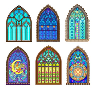 Rengarenk camlı farklı pencereler. Sivri kemerli gotik mimari stil. Fransa kiliselerinde mimarlık. Modern baskı. Batı Avrupa 'da orta çağ. Vektör resmi.