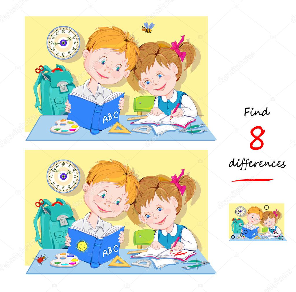 Find 8 differences. Illustration of pupils learning at school. Logic puzzle game for children and adults. Page for kids brain teaser book. Developing counting skills. Play online. Vector image.