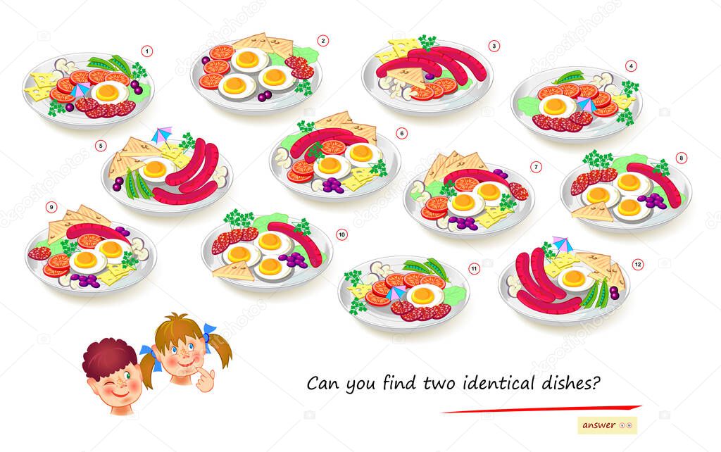 Logic puzzle game for children and adults. Can you find two identical dishes? Page for kids brain teaser book. Task for attentiveness. Sea life. IQ test. Play online. Vector cartoon illustration.