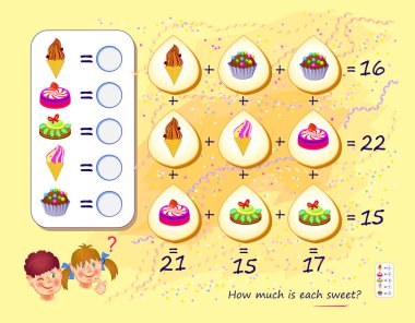 Mathematical logic puzzle game for smartest. How much is each sweet? Solve examples and write the numbers. Find solution for all equations. Brain teaser book. Count and play. Online education. clipart