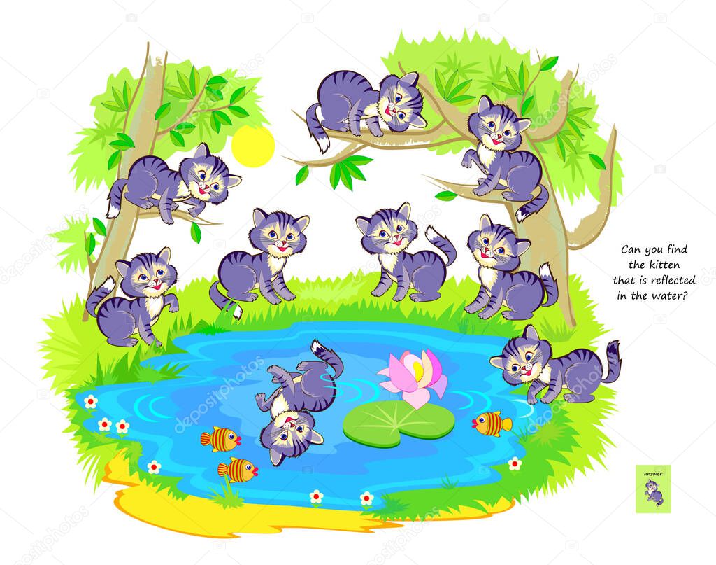 Logic puzzle game for children and adults. Can you find the kitten that is reflected in the water? Page for brain teaser book. Developing kids spatial thinking. Task for attentiveness. Vector image.