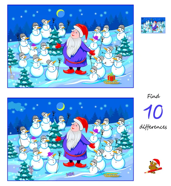 Find Differences Illustration Santa Claus Snowmen Winter Forest Logic Puzzle — Stok Vektör