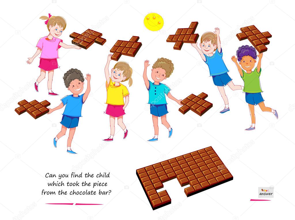 Logic game for smartest. 3D puzzle. Can you find the child which took the piece from chocolate bar? Play online. Developing spatial thinking. Page for brain teaser book. IQ test. Vector illustration.