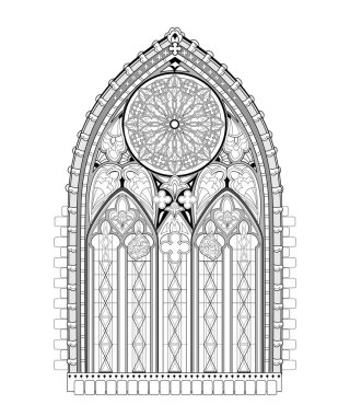 Fransız kilisesinden güzel bir Gotik vitray pencere ve gül. Boyama kitabı için siyah beyaz çizim. Batı Avrupa 'da ortaçağ mimarisi. Çocuklar ve yetişkinler için çalışma tablosu. Vektör resmi.