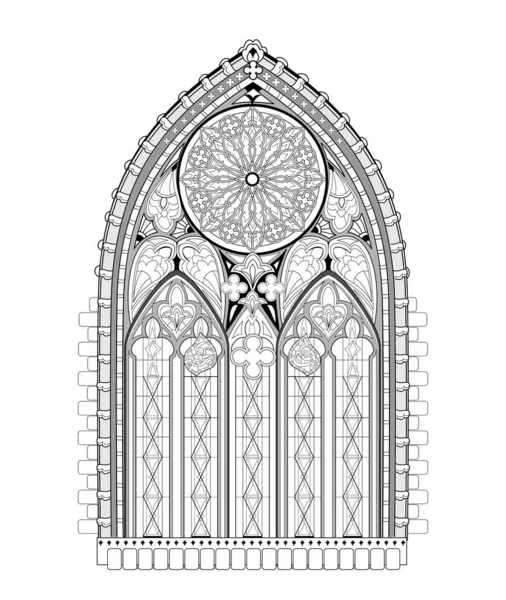 バラとフランスの教会から美しいゴシックステンドグラスの窓 本を着色するための黒と白の図面 西ヨーロッパの中世建築 子供と大人のためのワークシート ベクトル画像 — ストックベクタ
