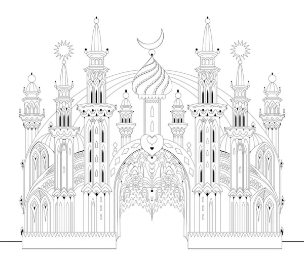 Illustration Fantastique Château Médiéval Oriental Royaume Fairyland Page Noir Blanc — Image vectorielle