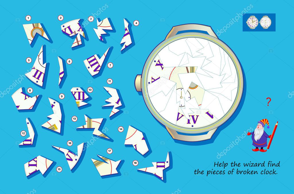 Logic puzzle game for children and adults. Help the wizard find the pieces of broken clock. Page for kids brain teaser book. Task for attentiveness. Developing spatial thinking skills. Play online.
