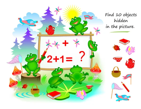 Logic Puzzle Game Kids Find Objects Hidden Picture Cute Frogs —  Vetores de Stock