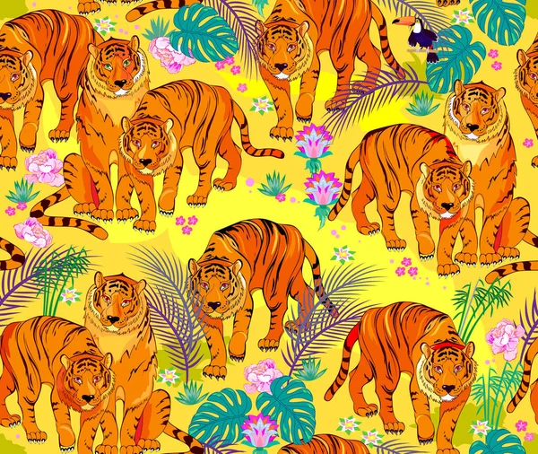 Seamless Pattern Ornament Abstract Background Wild Tropical Nature Illustration Tigers — Image vectorielle