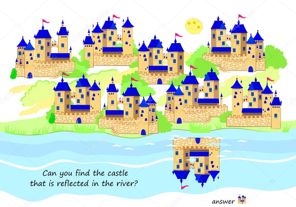 Logic puzzle game for children and adults. Can you find the castle that is reflected in the river? Page for brain teaser book. Developing kids spatial thinking. Task for attentiveness. Vector image.