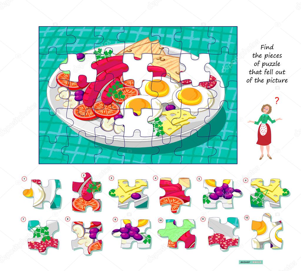 Logic game for children and adults. Find pieces of puzzle that fell out of picture. Page for kids brain teaser book. Task for attentiveness. Developing spatial thinking. Play online. Vector image.