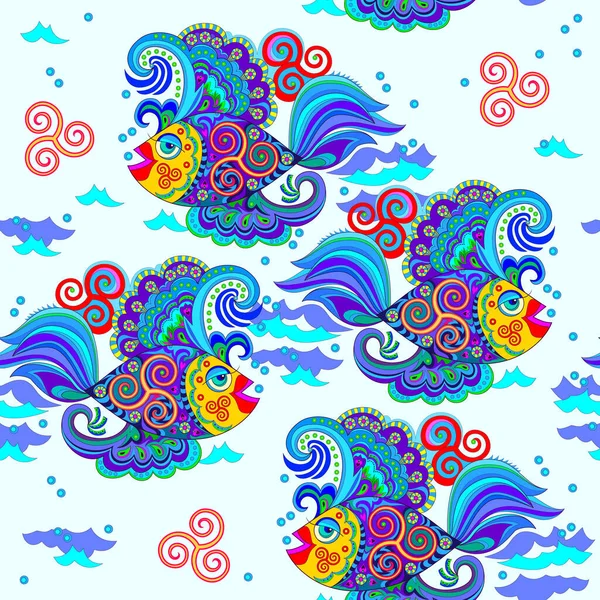 Seamless Pattern Ornament Abstract Background Beautiful Fishes Celtic Triple Spiral — Archivo Imágenes Vectoriales