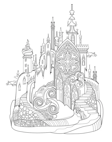 Fantasy illustration of medieval gothic castle. Fairyland Celtic kingdom. Black and white page for coloring book. Worksheet for drawing and meditation for children and adults. Ancient architecture.