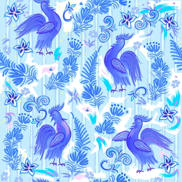 Seamless Pattern Ornament Traditional Ethnic Blue Painting Background Jolly Roosters — Image vectorielle