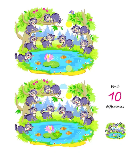 Find Differences Illustration Cute Kittens Fishing Logic Puzzle Game Children —  Vetores de Stock