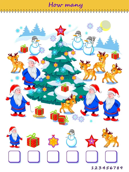 Educational Page Little Children How Many Christmas Items Can You — Stock Vector