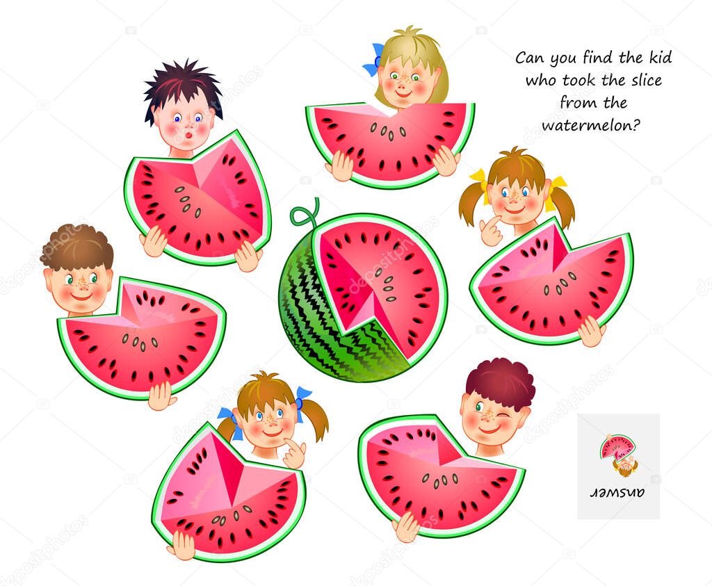 Logic game for smartest. 3D puzzle. Can you find the kid who took the slice from the watermelon? Play online. Developing spatial thinking. Page for brain teaser book. IQ test. Vector illustration.