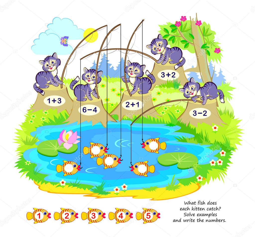 Math education for children. What fish does each kitten catch? Solve examples and write the numbers. Educational page for kids. Printable worksheet for school workbook. Cartoon vector illustration.