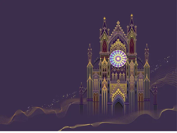 Fantasy drawing of Gothic castle with stained glass windows. Medieval kingdom. Middle ages in Europe. Illustration for kids fairy tale book. Background for poster, wallpaper, banner, travel company.