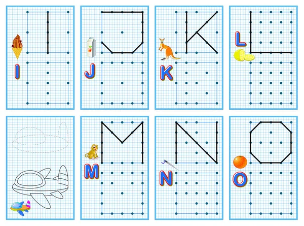 Set Educational Pages Little Children Square Paper Connect Dots Draw — Stockvektor