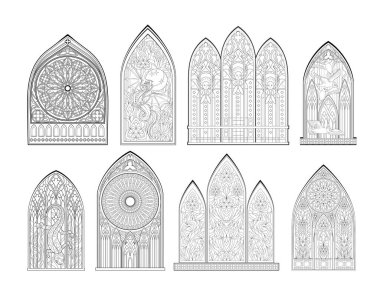 Set of beautiful gothic stained glass windows from French churches. Black and white drawing for coloring book. Medieval architecture in western Europe. Educational page. 