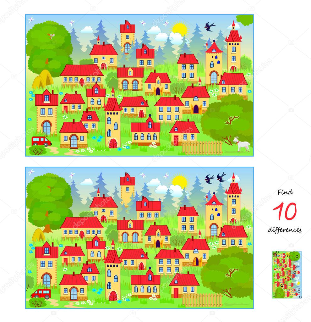 Find 10 differences. Illustration of village landscape. Logic puzzle game for children and adults. Page for kids brain teaser book. Developing counting skills. Vector drawing.