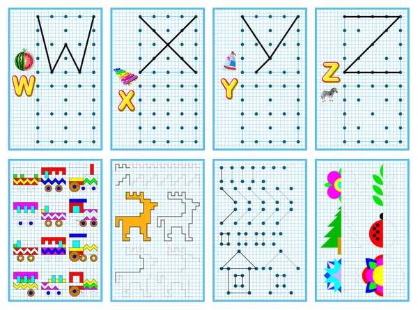 Set Educational Pages Little Children Square Paper Connect Dots Draw — Stockový vektor