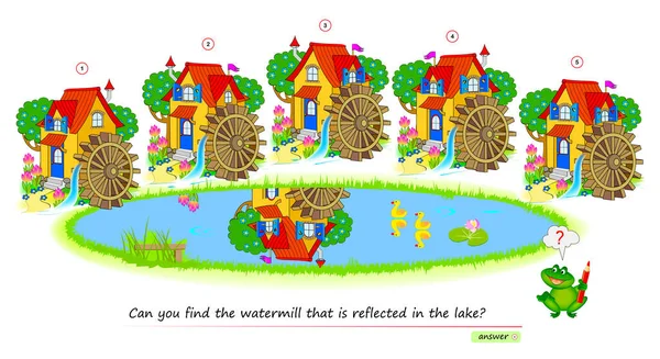 Logic Puzzle Game Children Adults Can You Find Watermill Reflected — Vettoriale Stock