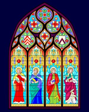 Güzel renkli ortaçağ vitray penceresi. Gotik mimari tarzı. Kutsal yazıları olan kutsal havariler. Fransa kiliselerinde mimarlık. Batı Avrupa 'da orta çağ. Vektör çizimi.
