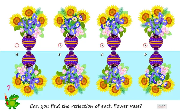 Логическая Головоломка Игры Детей Взрослых Можете Найти Отражение Каждой Цветочной — стоковый вектор