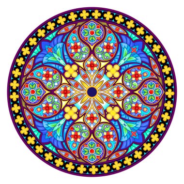 Güzel renkli vitraylı pencere. Ortaçağ katedralinde gotik bir gül. Gotik mimari tarzı. Fransa kiliselerinde mimarlık. Batı Avrupa 'da orta çağ. Vektör çizimi.