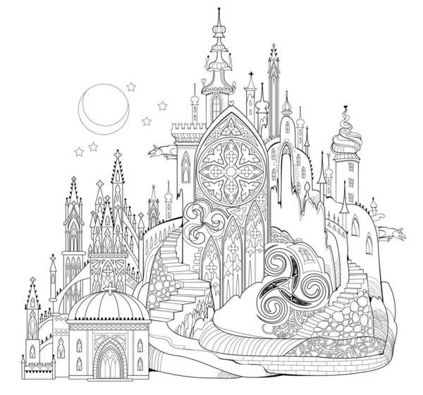 Fantasy illustration of medieval gothic cathedral. Fairyland kingdom. Black and white page for kids coloring book. Worksheet for drawing and meditation for children and adults. Ancient architecture.