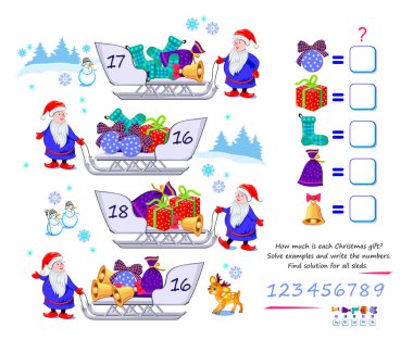 Mathematical logic puzzle game for smartest. How much is each Christmas gift? Solve examples and write the numbers. Find solution for all sleds. Brain teaser book. Count and play. Online education. clipart