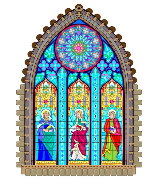 美しいカラフルな中世のステンドグラスの窓 ゴシック建築様式 知識の本を持つ神聖な学者 フランスの教会建築 西ヨーロッパの中世 ベクトル図 — ストックベクタ