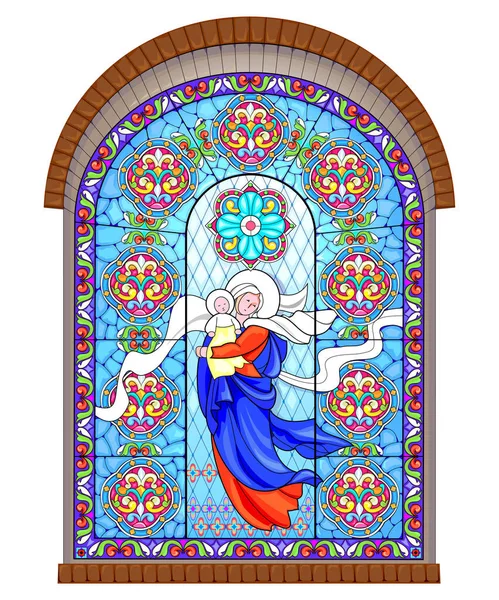 Hermosa Vidriera Medieval Colorida Estilo Arquitectónico Gótico Ilustración Madonna Child — Vector de stock