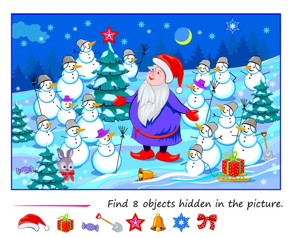 给孩子们玩逻辑拼图游戏找到隐藏在图片中的8个物体 有趣的圣诞老人和雪人在冬天的森林里教育网页 在网上玩注意的任务 矢量说明 — 图库矢量图片
