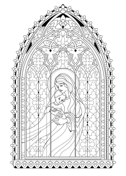 Hermosa Vidriera Gótica Iglesia Francesa Con Madonna Niño Dibujo Blanco — Vector de stock