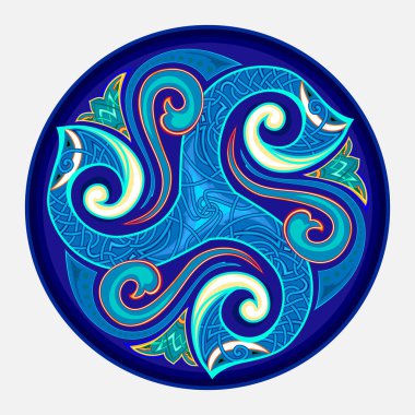 Eski İrlanda sembolü. Etnik büyü işareti. Kelt düğümü deseni. Üçlü damlayan Kelt spiral süsü. Eski triskele mahsulü. Logo, ikon, bozuk para, dövme için parmak izi. Çember dekorasyonu. Vektör illüstrasyonu.