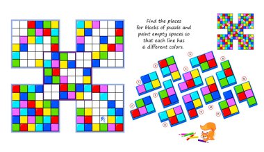 Çocuklar için sudoku. Mantık oyunu. Yapboz blokları için yerleri bulun ve her satırın 6 farklı renge sahip olması için boş alanları boyayın. Boyama kitabı. Zeka oyunu kitabı. Uzaysal düşünme geliştiriliyor.