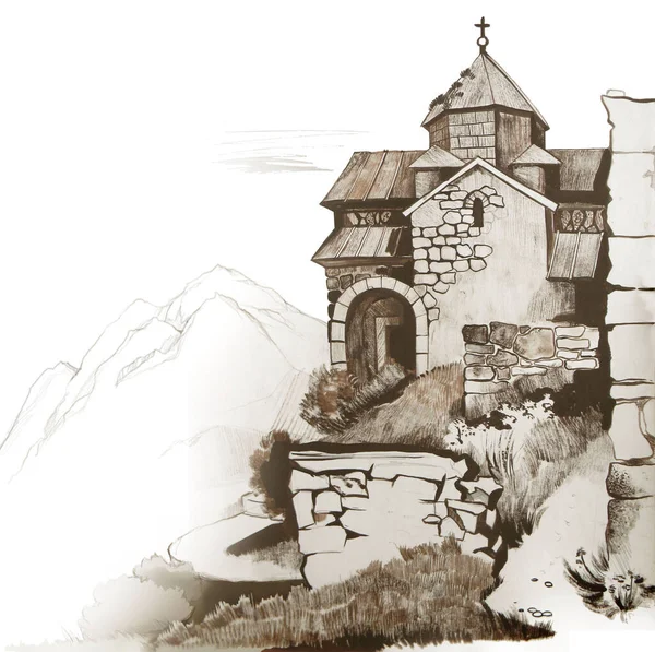 Armenia Fairy Tale Stone Sketch Ancient Armenian Church Shore Lake — Stock Photo, Image