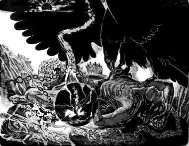 Prometheus ve evrim. Çizim yapılıyor. El çizimi sanat eseri. Grafikler, gravür tekniği. Antik Yunan kahramanı insan gelişimi uğruna kendini feda ediyor. İyi ve kötü arasında savaş..